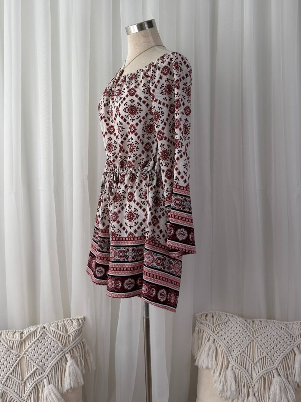 Red Geometric Medallion Bell Sleeve Off Shoulder Boho Romper Womens S Festival - Picture 2 of 7